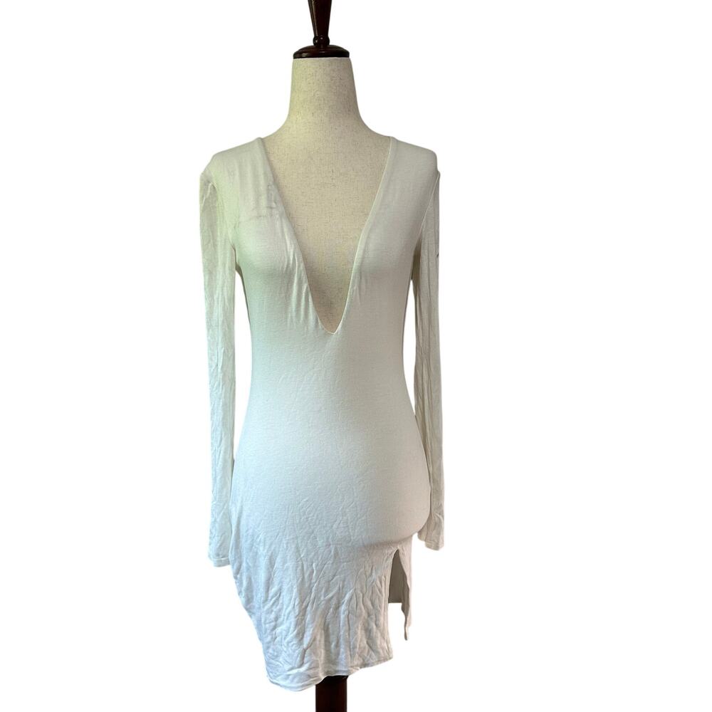 LUX LA Women's Double Lined Deep V Neck Slit Dress Size S In White